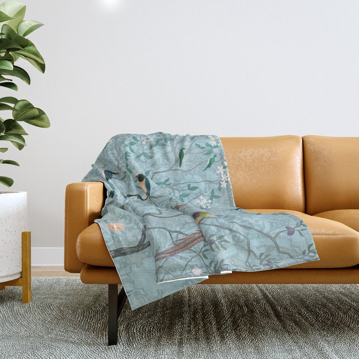 Chinoiserie Aqua Turquoise Garden Fresco & William Morris Art Throw Blanket Gallery Image 1