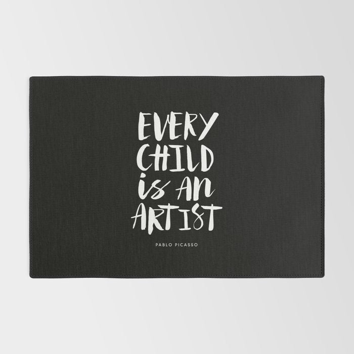 Every Child is an Artist Pablo Picasso black and white typography quote home room wall decor Rug Gallery Image 2