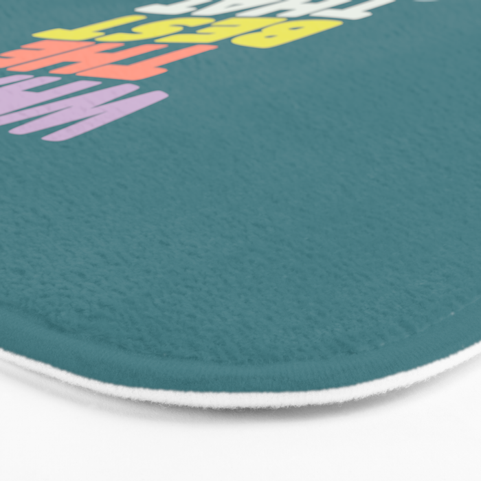 Whats The Best That Could Happen typography print in green, lilac, orange and yellow Bath Mat Gallery Image 3