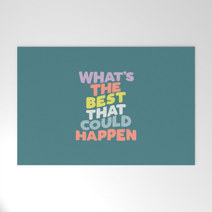 Whats The Best That Could Happen typography print in green, lilac, orange and yellow Welcome Mat Gallery Image 1