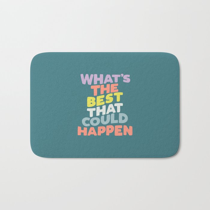 Whats The Best That Could Happen typography print in green, lilac, orange and yellow Bath Mat Gallery Image 1