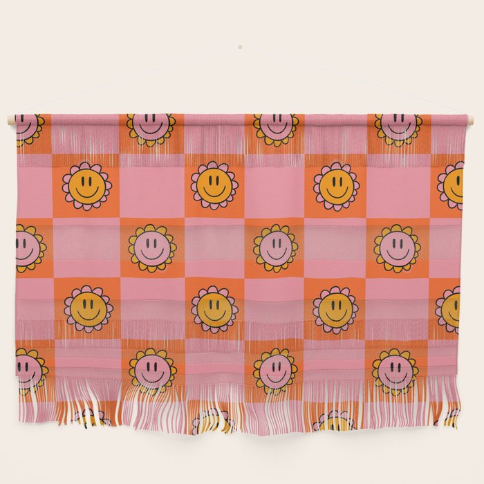 Orange Pink Smiley Checkerboard Print Wall Hanging Gallery Image 1