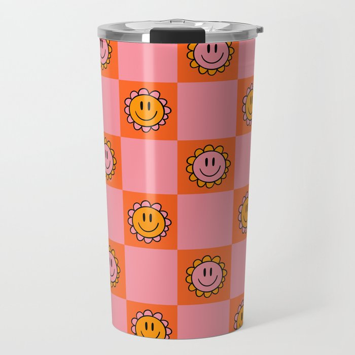 Orange Pink Smiley Checkerboard Print Travel Mug Gallery Image 1