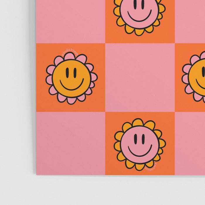 Orange Pink Smiley Checkerboard Print Poster Gallery Image 3