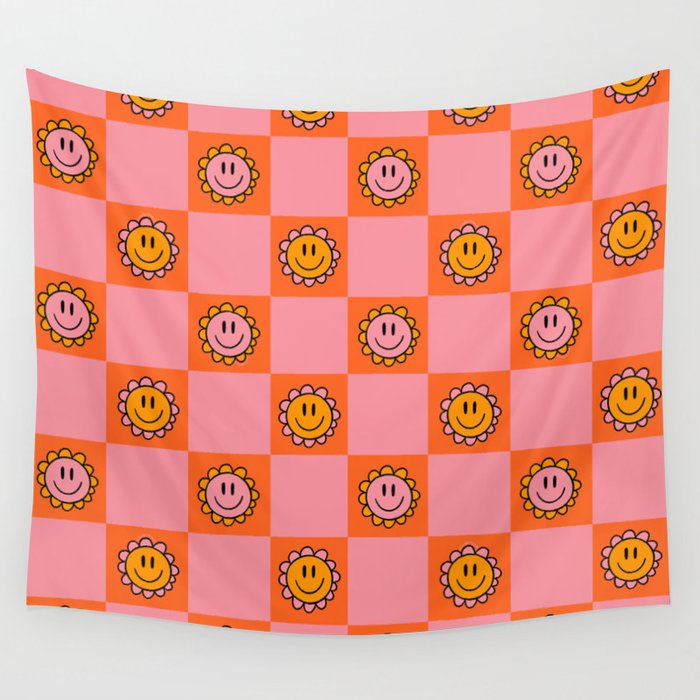 Orange Pink Smiley Checkerboard Print Wall Tapestry Gallery Image 1