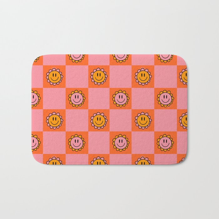 Orange Pink Smiley Checkerboard Print Bath Mat Gallery Image 1