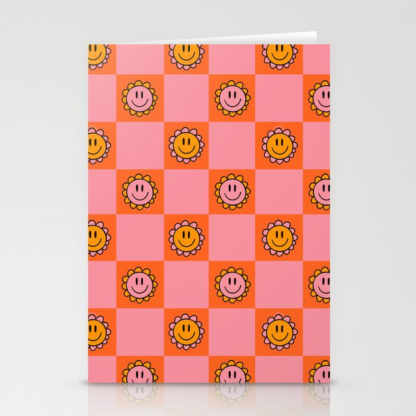 Orange Pink Smiley Checkerboard Print Stationery Card Gallery Image 2