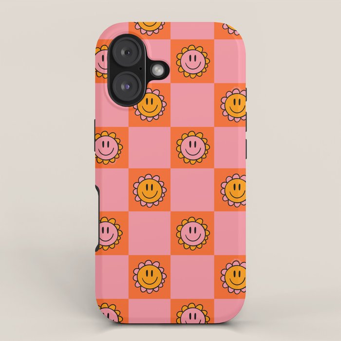 Orange Pink Smiley Checkerboard Print iPhone Case Gallery Image 1