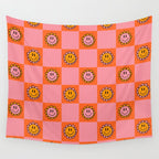 Orange Pink Smiley Checkerboard Print Wall Tapestry Gallery Image 4