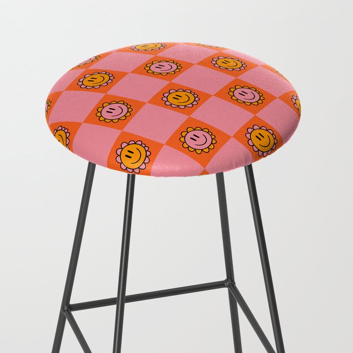 Orange Pink Smiley Checkerboard Print Stool Gallery Image 2