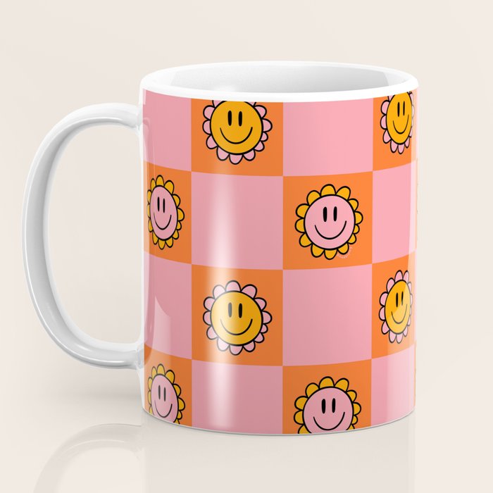 Orange Pink Smiley Checkerboard Print Coffee Mug Gallery Image 3