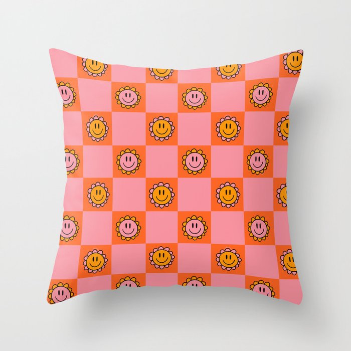 Orange Pink Smiley Checkerboard Print Throw Pillow Gallery Image 6