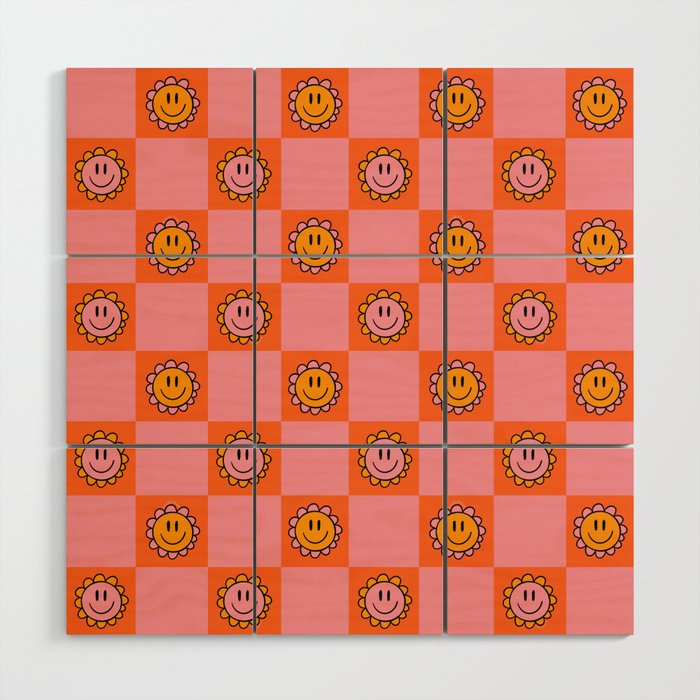 Orange Pink Smiley Checkerboard Print Wood Wall Art Gallery Image 1