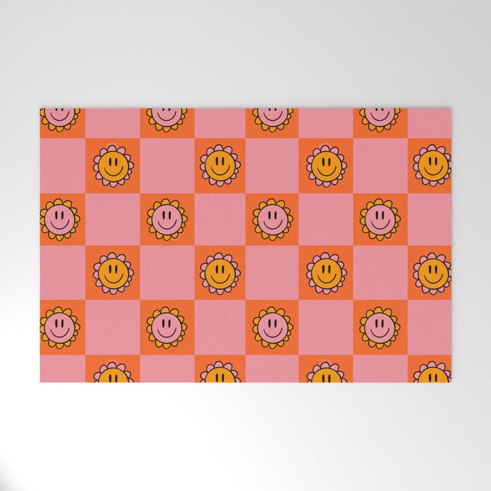 Orange Pink Smiley Checkerboard Print Welcome Mat Gallery Image 1