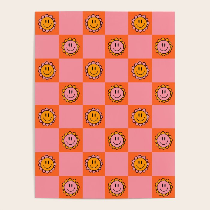 Orange Pink Smiley Checkerboard Print Poster Gallery Image 4