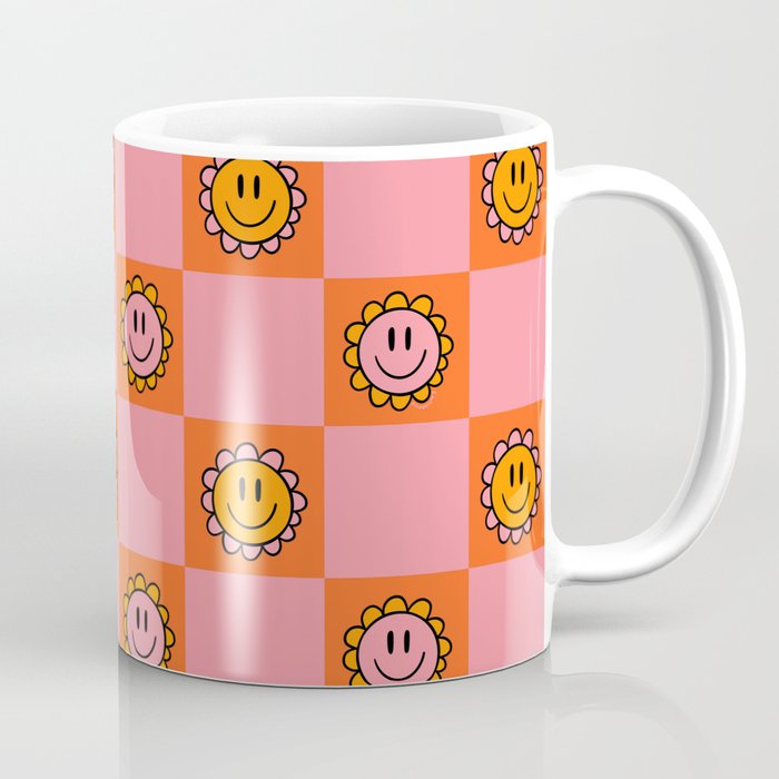 Orange Pink Smiley Checkerboard Print Coffee Mug Gallery Image 1