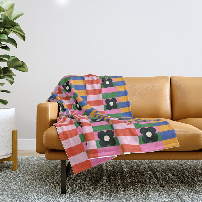 Mod Color Blocked Flower Pattern Throw Blanket Gallery Image 1