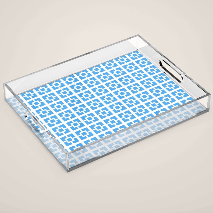 Mid Century Modern Geometric Minimalist Breeze Block Pattern in Blue and White Acrylic Tray Gallery Image 1