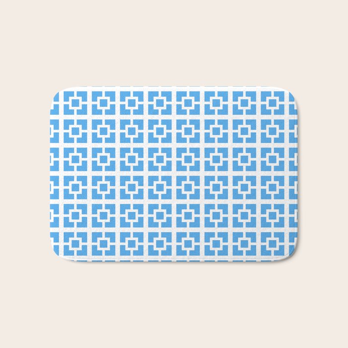 Mid Century Modern Geometric Minimalist Breeze Block Pattern in Blue and White Bath Mat Gallery Image 1