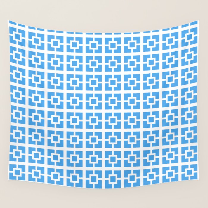 Mid Century Modern Geometric Minimalist Breeze Block Pattern in Blue and White Wall Tapestry Gallery Image 4