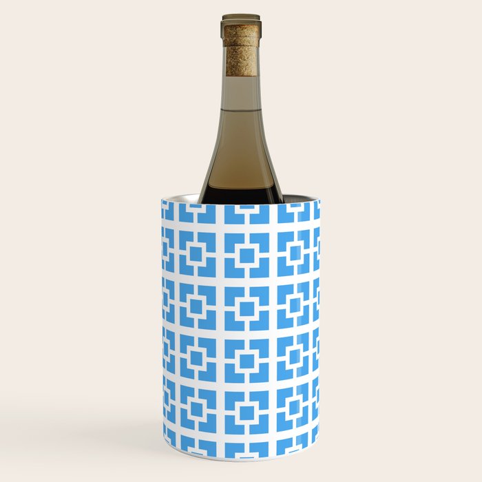 Mid Century Modern Geometric Minimalist Breeze Block Pattern in Blue and White Wine Chiller Gallery Image 2