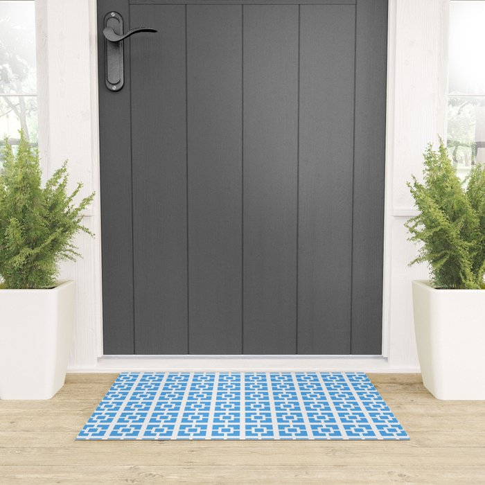 Mid Century Modern Geometric Minimalist Breeze Block Pattern in Blue and White Welcome Mat Gallery Image 3