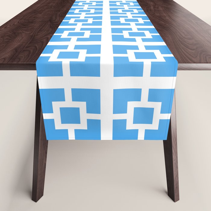 Mid Century Modern Geometric Minimalist Breeze Block Pattern in Blue and White Table Runner Gallery Image 1