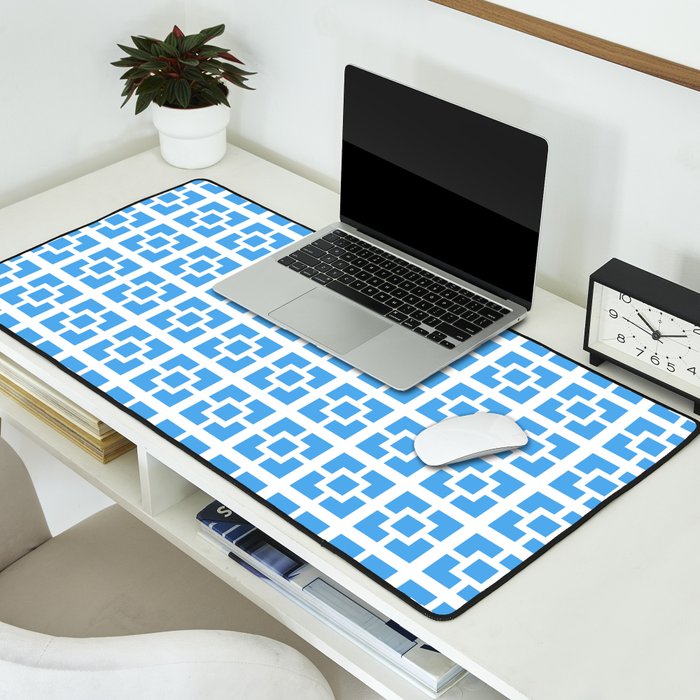 Mid Century Modern Geometric Minimalist Breeze Block Pattern in Blue and White Desk Mat Gallery Image 2