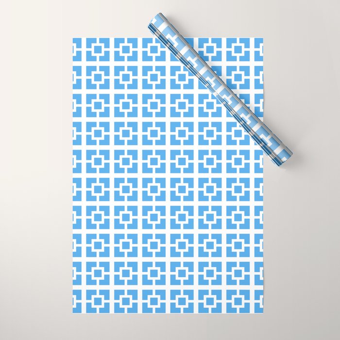 Mid Century Modern Geometric Minimalist Breeze Block Pattern in Blue and White Wrapping Paper Gallery Image 1