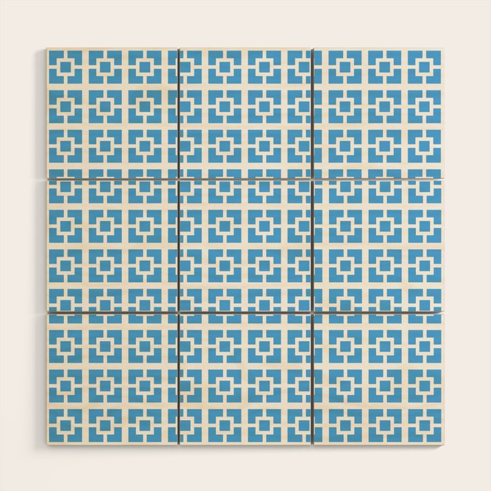 Mid Century Modern Geometric Minimalist Breeze Block Pattern in Blue and White Wood Wall Art Gallery Image 1