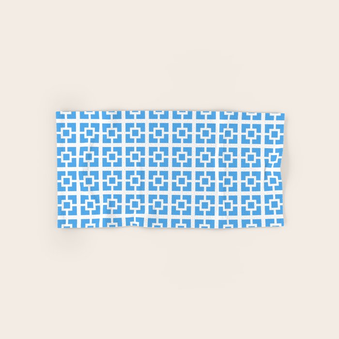Mid Century Modern Geometric Minimalist Breeze Block Pattern in Blue and White Bath Towel Gallery Image 1