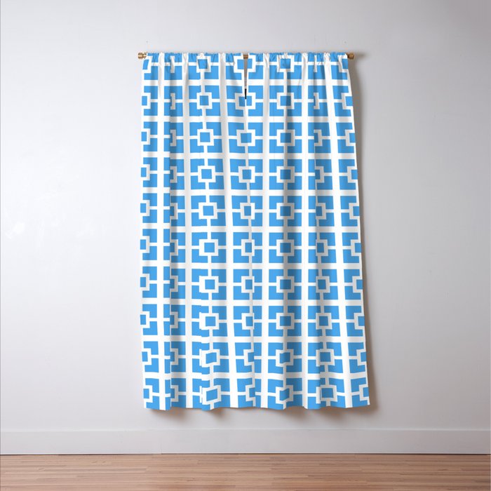 Mid Century Modern Geometric Minimalist Breeze Block Pattern in Blue and White Window Curtain Gallery Image 3
