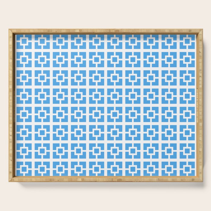 Mid Century Modern Geometric Minimalist Breeze Block Pattern in Blue and White Serving Tray Gallery Image 1