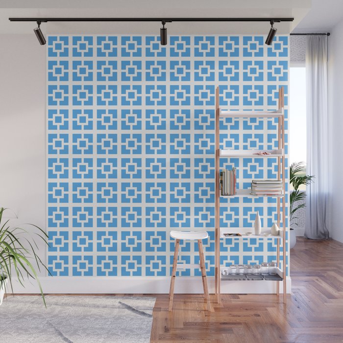 Mid Century Modern Geometric Minimalist Breeze Block Pattern in Blue and White Wall Mural Gallery Image 1