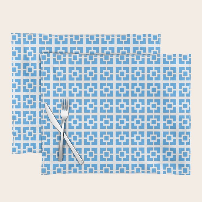 Mid Century Modern Geometric Minimalist Breeze Block Pattern in Blue and White Placemat Gallery Image 1