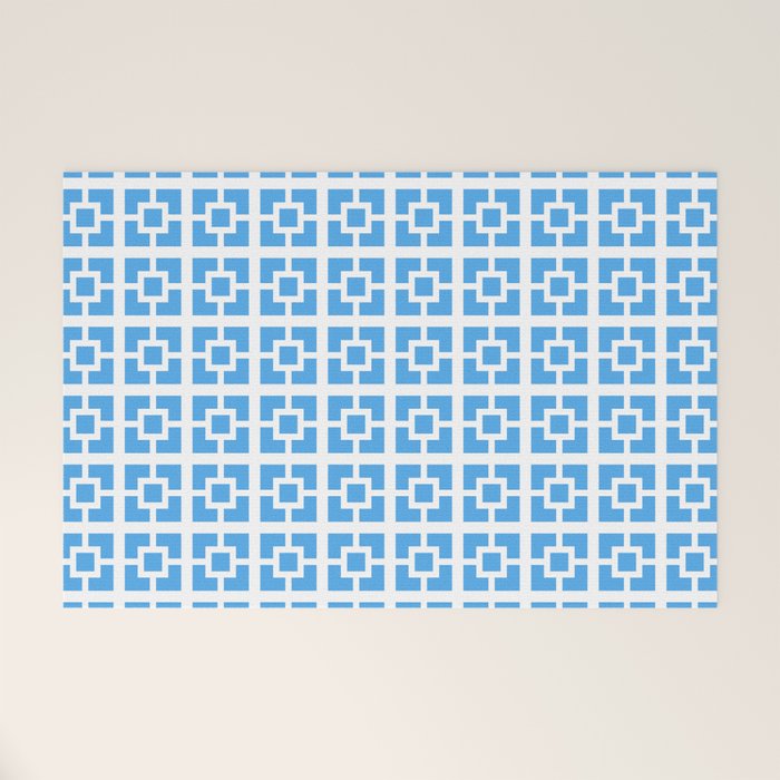 Mid Century Modern Geometric Minimalist Breeze Block Pattern in Blue and White Welcome Mat Gallery Image 1