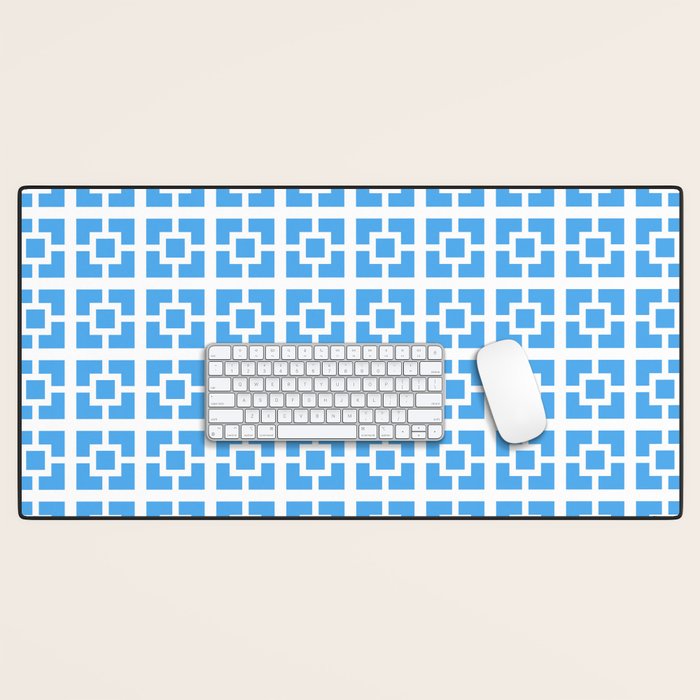 Mid Century Modern Geometric Minimalist Breeze Block Pattern in Blue and White Desk Mat Gallery Image 1