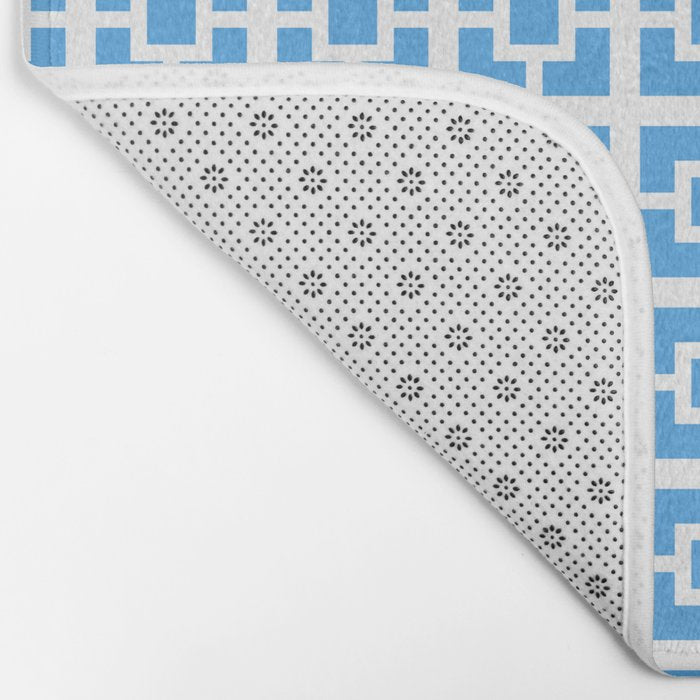 Mid Century Modern Geometric Minimalist Breeze Block Pattern in Blue and White Bath Mat Gallery Image 2