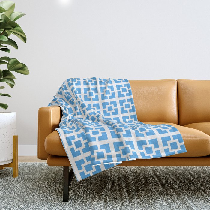 Mid Century Modern Geometric Minimalist Breeze Block Pattern in Blue and White Throw Blanket Gallery Image 1