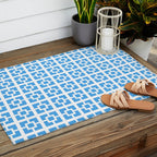 Mid Century Modern Geometric Minimalist Breeze Block Pattern in Blue and White Outdoor Rug Gallery Image 2