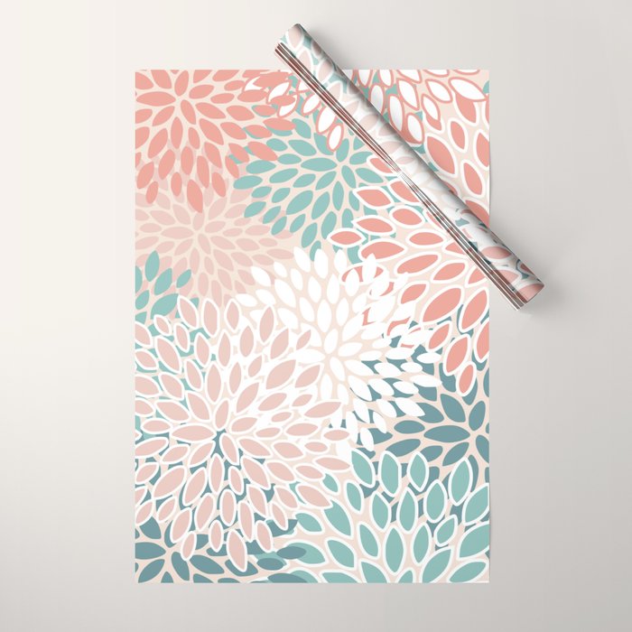 Festive, Floral Prints, Teal, Peach, Coral Wrapping Paper Gallery Image 1