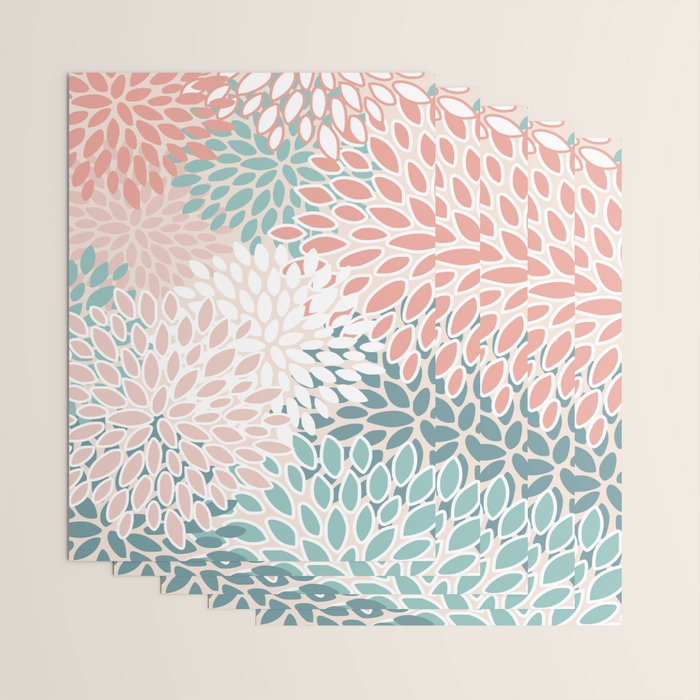 Festive, Floral Prints, Teal, Peach, Coral Wrapping Paper Gallery Image 3