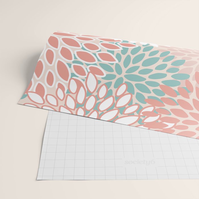 Festive, Floral Prints, Teal, Peach, Coral Wrapping Paper Gallery Image 2