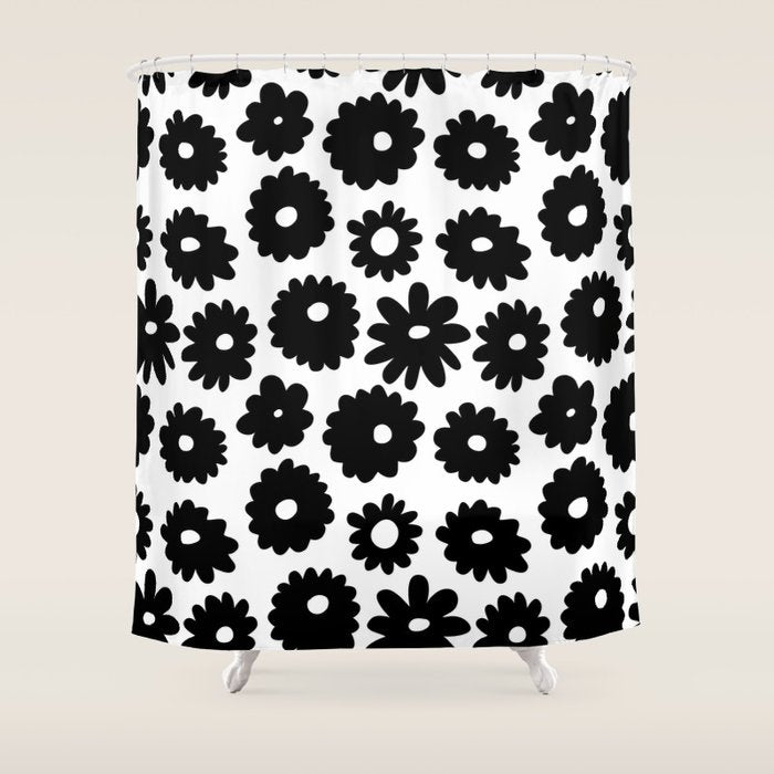 Black and white retro flower art pattern Shower Curtain Gallery Image 1