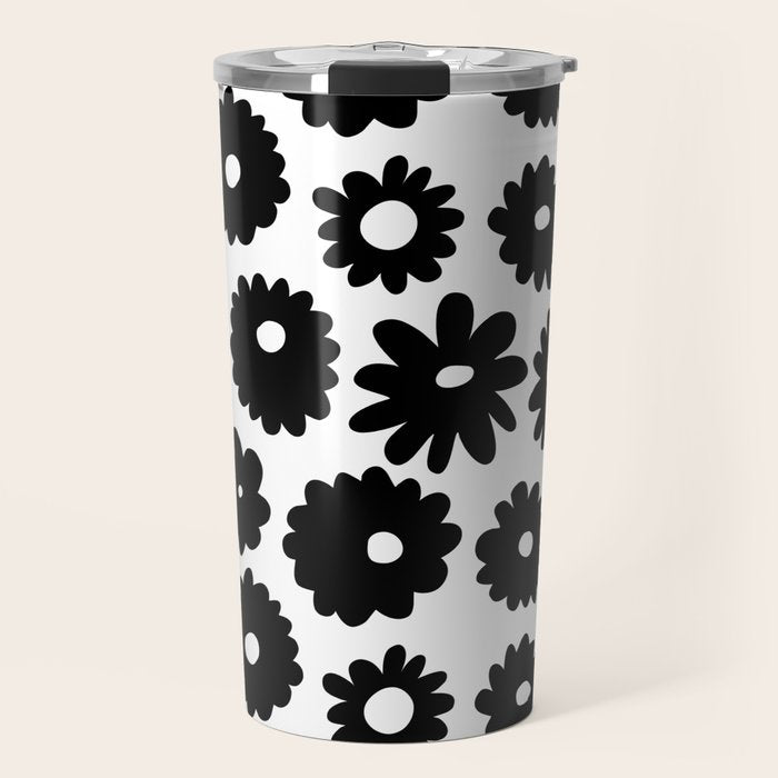 Black and white retro flower art pattern Travel Mug Gallery Image 1