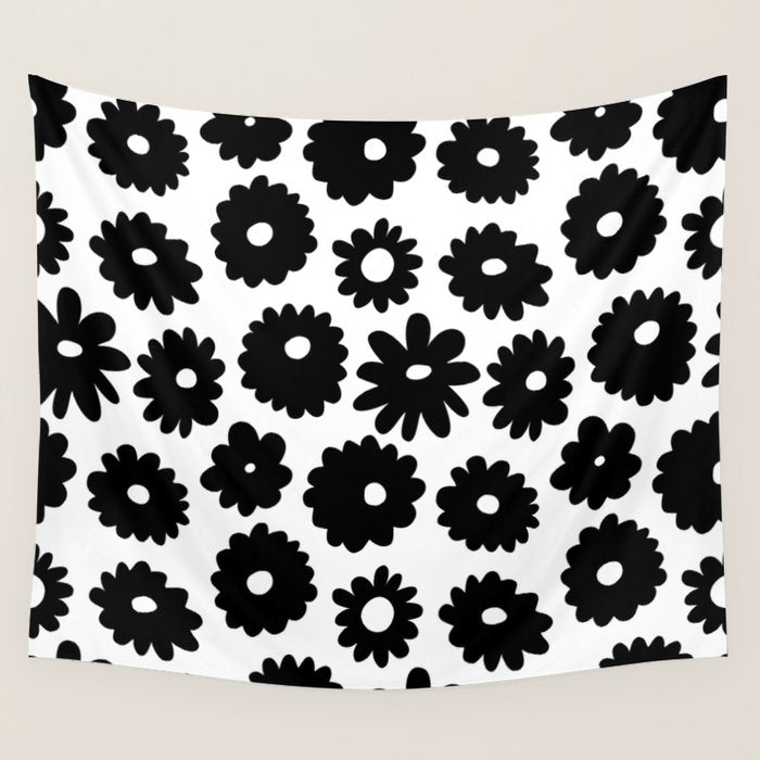 Black and white retro flower art pattern Wall Tapestry Gallery Image 4