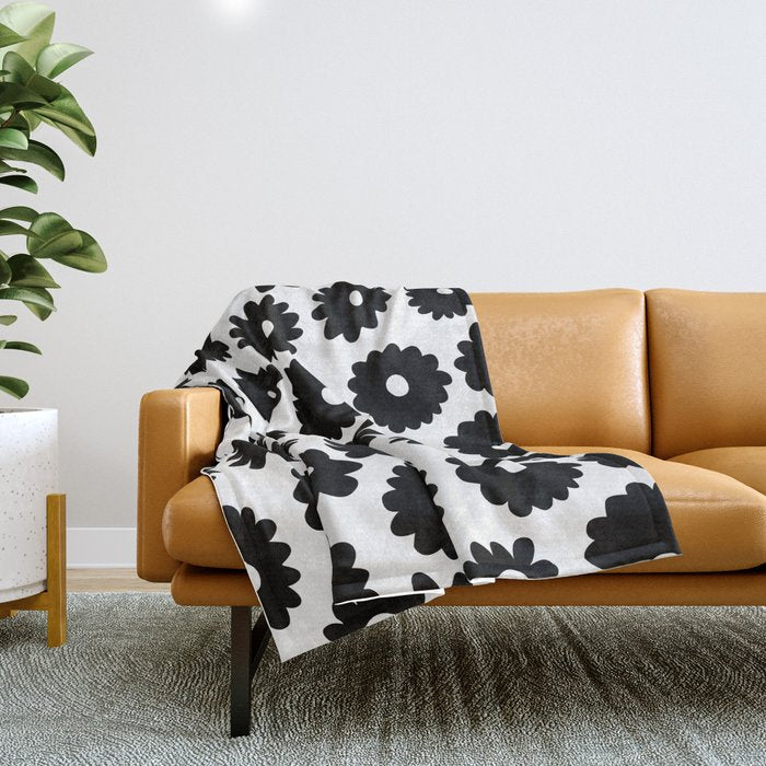 Black and white retro flower art pattern Throw Blanket Gallery Image 1