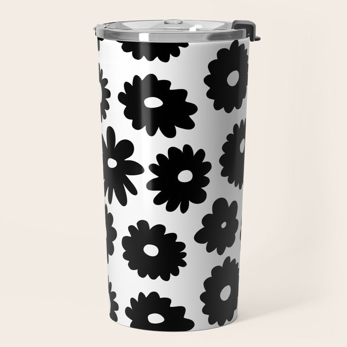 Black and white retro flower art pattern Travel Mug Gallery Image 2