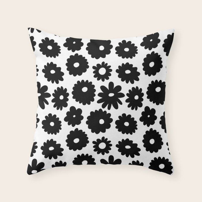 Black and white retro flower art pattern Throw Pillow Gallery Image 6