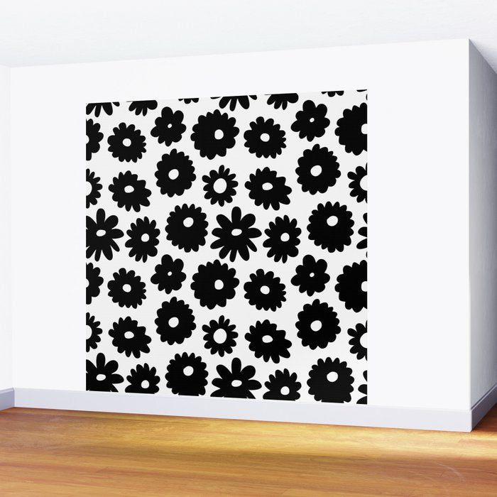 Black and white retro flower art pattern Wall Mural Gallery Image 2